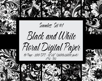 Floral Digital Paper Seamless, 10 Floral Prints Set #01 Commercial Use, Black White Flower Patterns Bundle, Scrapbook Background, JPG & SVG