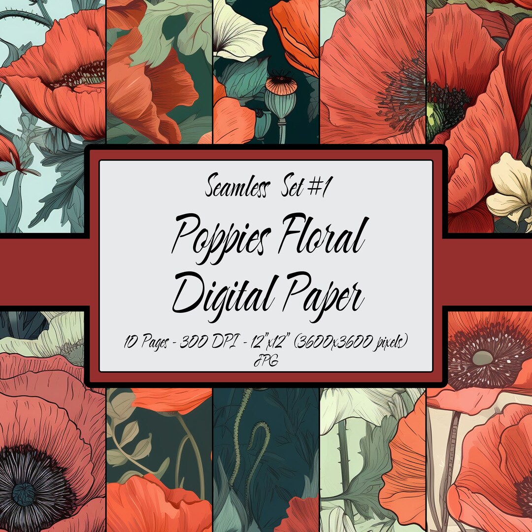 Floral Digital Paper Seamless Pattern Bundle, Poppies Flowers Set #01 ...