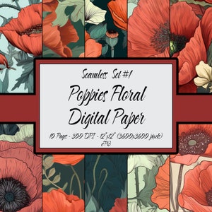Floral Digital Paper Seamless Pattern Bundle, Poppies Flowers Set #01, 10 Commercial Use, JPG Files, Instant Download, Poppy Art