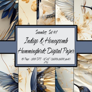 Könnte beinhalten: Ein digitales Papierpaket mit 10 nahtlosen Mustern von Indigo- und Gold-Kolibris mit Wabenmustern. Die Muster sind 30,48 cm x 30,48 cm groß und haben 300 DPI.