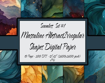 Abstract Digital Art Print Paper Pack, Masculine Colors Irregular Shapes Seamless Design Bundle Set #01, Commercial Use JPG Instant Download