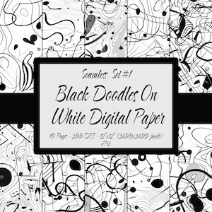 Doodles Digital Paper Bundle, Digital Paper Seamless Pattern, Black Doodles On White, 10 Print Set Commercial Use, Scrapbook Paper, JPG