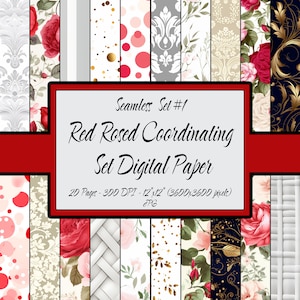 以下が含まれることがあります： 赤いバラ、水玉模様、金色のキラキラ、ダマスク柄、白い織り模様を特徴とするデジタルペーパー20枚セット。ペーパーは12インチ×12インチ、300 DPIです。