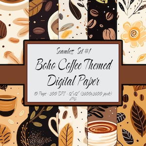 Pode incluir: Um pacote de papel digital com 10 padrões sem costura que apresentam xícaras de café, folhas e grãos de café em um estilo boho. Os padrões são de 30,48 cm por 30,48 cm e 300 DPI.