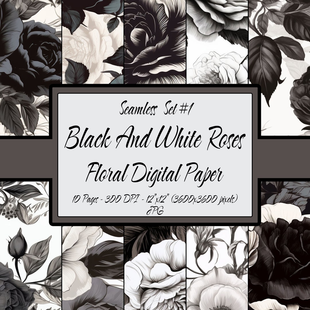 Floral Digital Paper Seamless Pattern Pack, Black and White Roses ...