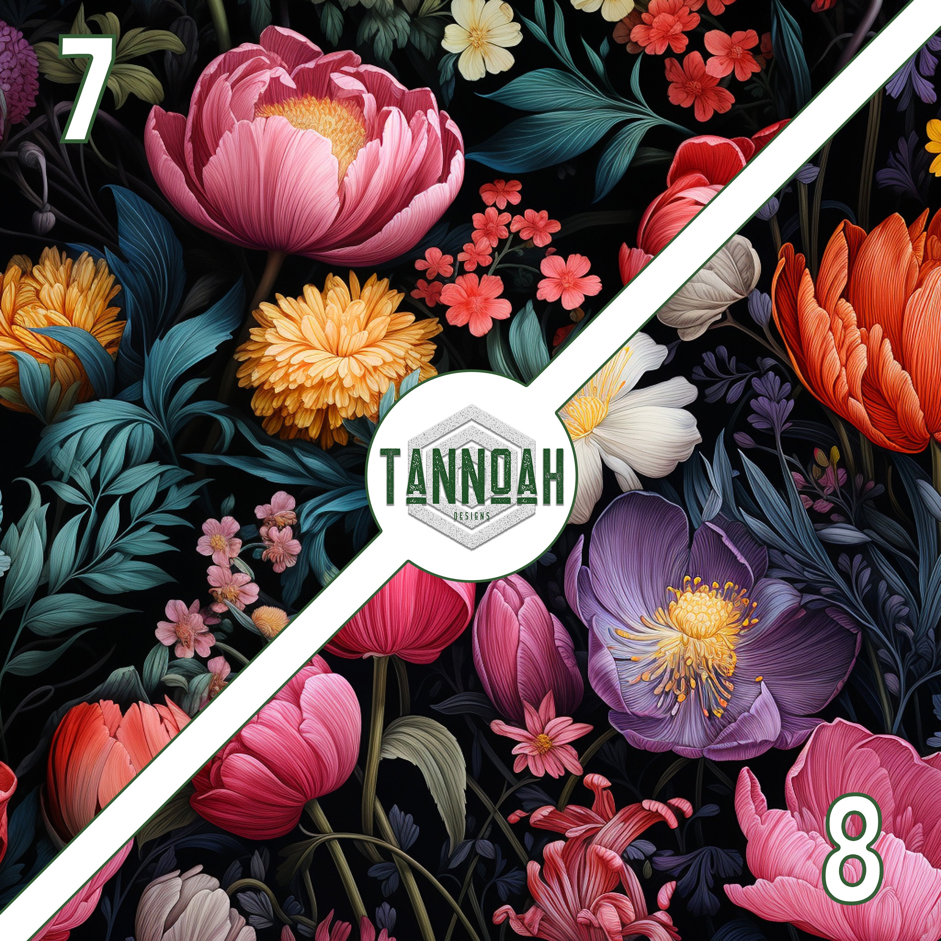 Digital Paper Seamless Pattern Pack, Colorful Floral Drawing Dark ...