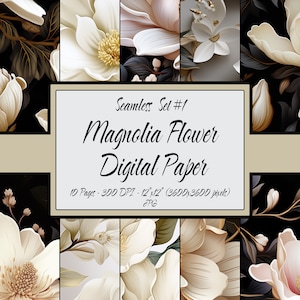 Carta digitale Seamless Pattern Pack Magnolia Flowers Set #01, File PNG per uso commerciale, Sfondo digitale floreale, Stampa digitale fiori