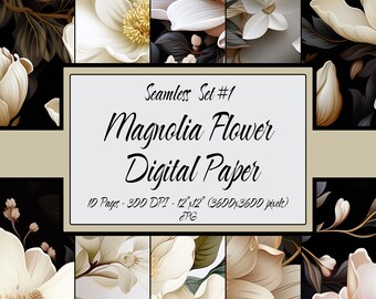 Digital Paper Seamless Pattern Pack Magnolia Flowers Set #01, Commercial Use PNG Files, Floral Digital Background, Flowers Digital Print