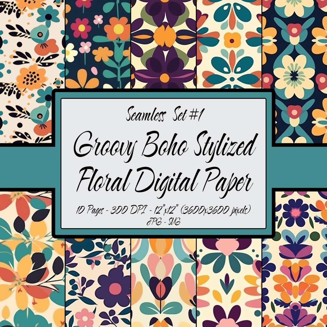 Digital Paper Seamless Pattern Pack, Groovy Boho Floral Bundle Set #01 ...