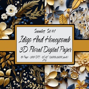 Könnte beinhalten: Ein digitales Papierpaket mit 10 nahtlosen Mustern mit 3D-Blumenmustern in den Farben Indigo-Blau und Gold-Waben. Die Muster sind 12 Zoll mal 12 Zoll groß und haben 300 DPI.