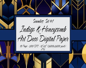 May include: A set of 10 digital papers featuring geometric patterns in shades of indigo blue and gold. The papers are 12 inches by 12 inches and 300 DPI. Seamless Set #1 Indigo & Honeycomb Art Deco Digital Paper.