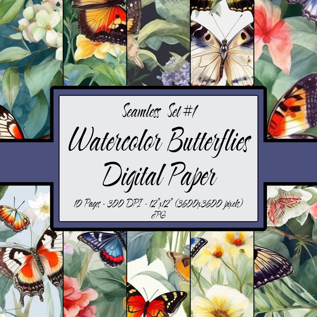 Digital Paper Seamless Pattern Pack, Beautiful Watercolor Butterflies ...