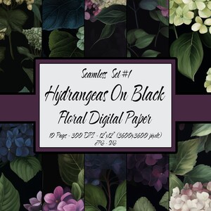 Könnte beinhalten: Ein digitales Papierpaket mit 10 nahtlosen Mustern von Hortensien auf schwarzem Hintergrund. Die Muster sind 12 Zoll mal 12 Zoll groß und haben 300 DPI. Der Text "Seamless Set #1 Hydrangeas On Black Floral Digital Paper" wird auf einem violetten Hintergrund angezeigt.