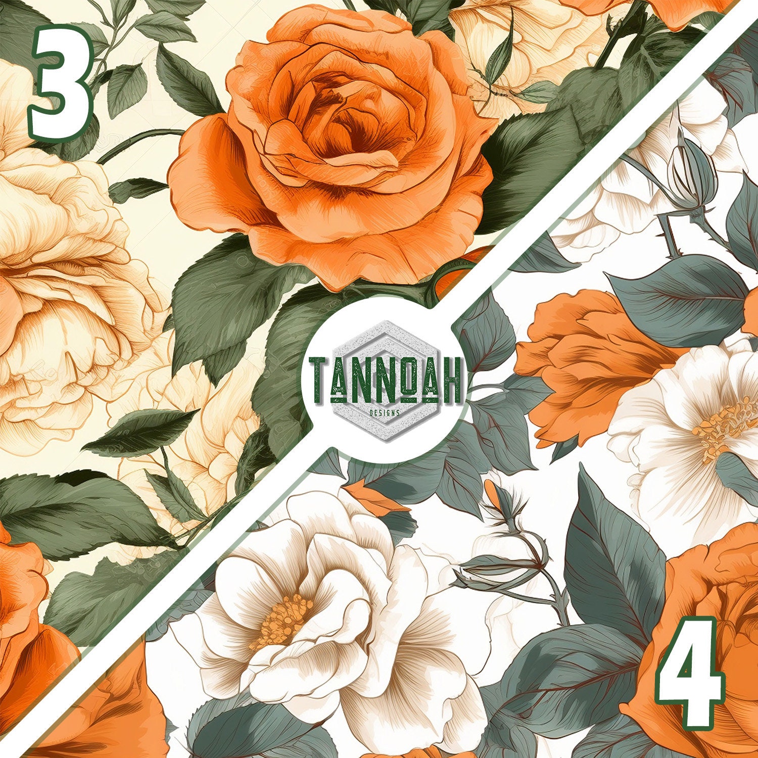 Floral Digital Paper Seamless Pattern Pack, Orange Tone Roses Flowers ...
