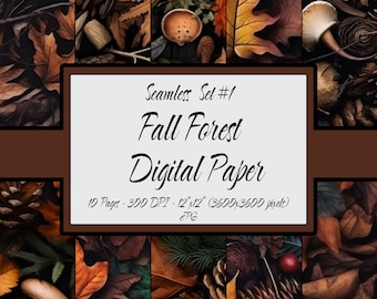 May include: A digital paper pack with 10 seamless patterns featuring autumn leaves, pine cones, acorns, and mushrooms in shades of brown, orange, and green. The pack is 12 inches by 12 inches and 300 DPI. Seamless Set #1 Fall Forest Digital Paper 10 Pages - 300 DPI - 12"x12" (3600x3600 pixels) JPG