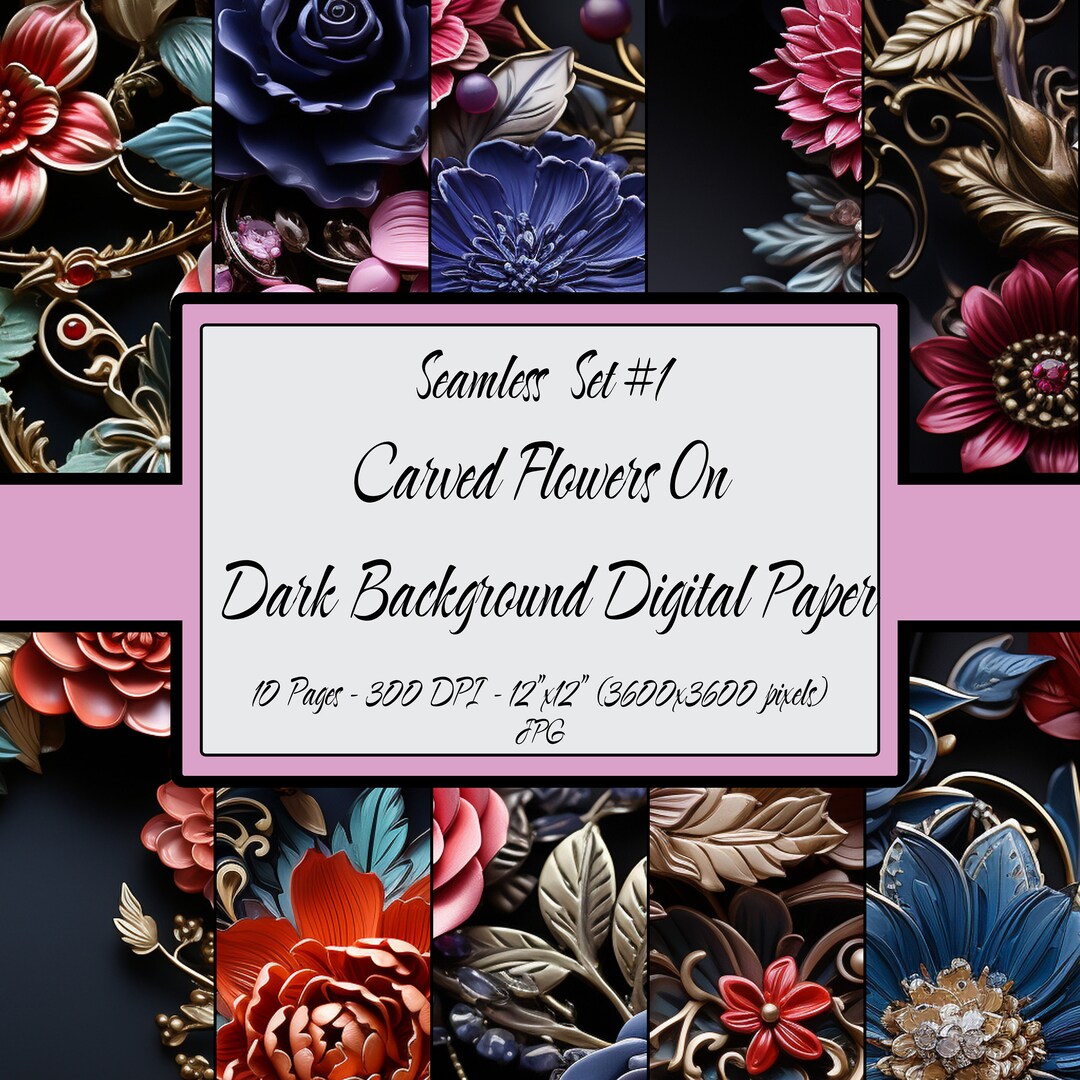 Digital Paper Seamless Pattern Pack Carved Flowers on Dark Background ...