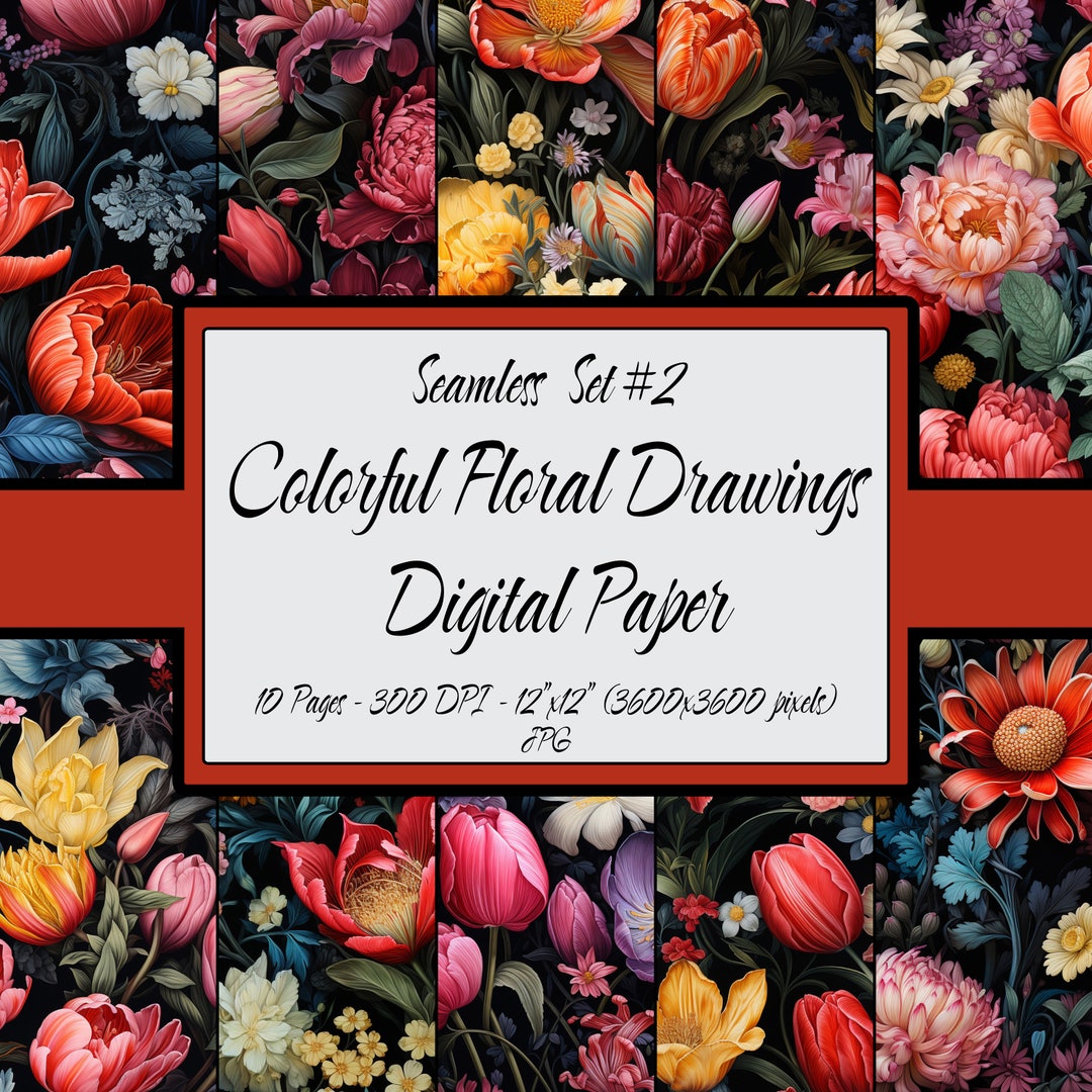 Digital Paper Seamless Pattern Pack, Colorful Floral Drawing Dark ...