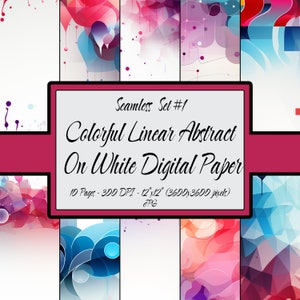 以下が含まれることがあります： 白い背景にカラフルな線形抽象デザインが施されたデジタルペーパー10枚セット。ペーパーは12インチ×12インチ、300 DPIです。 Seamless Set #1 Colorful Linear Abstract On White Digital Paper 10 Pages - 300 DPI - 12"x12" (3600x3600 pixels) JPG