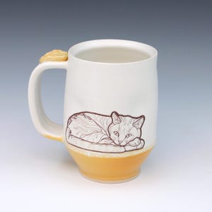 Hand-Thrown Ceramic Mug with Napping Cat Design – Folk Art Pottery