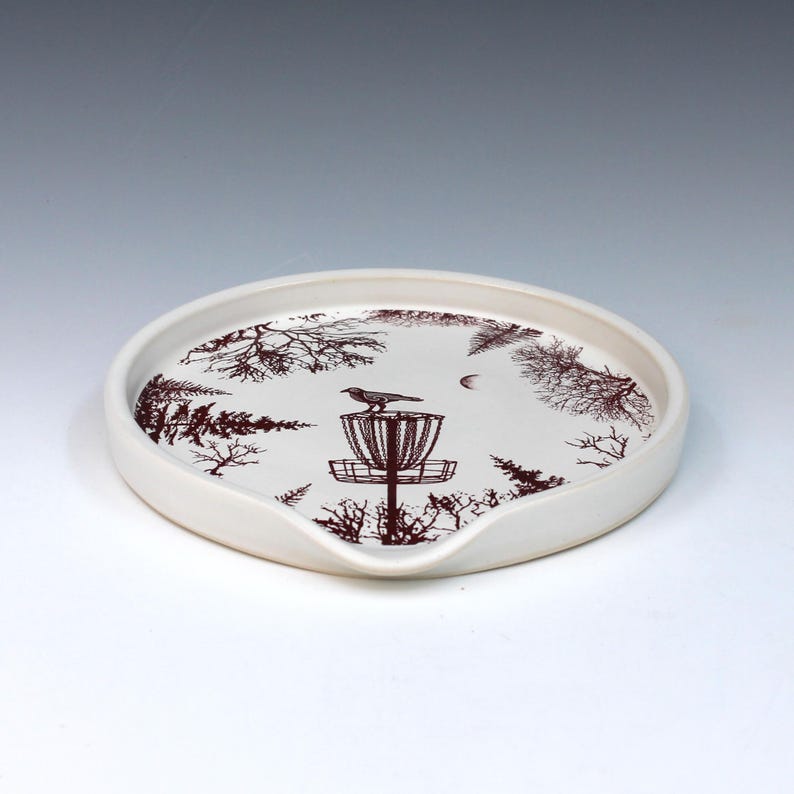Hand-Thrown Ceramic Spoon Rest with Disc Golf Trees Design – Folk Art Pottery image 2