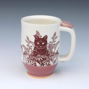 Hand-Thrown Ceramic Mug with Black Cat and Prairie Flowers Design – Folk Art Pottery