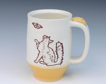 Hand-Thrown Ceramic Mug with Cat with Butterfly Design – Folk Art Pottery