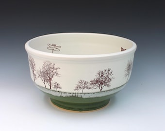Hand-Thrown Ceramic Serving Bowl with Trees Design – Folk Art Pottery