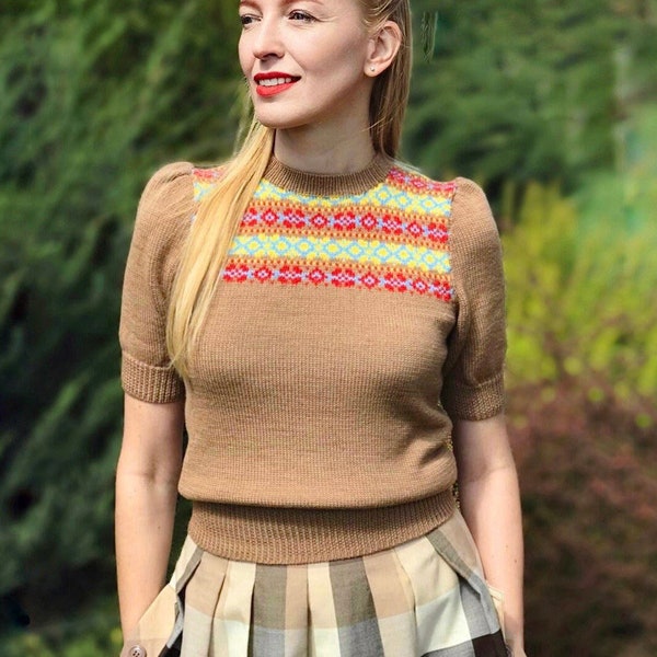 Fair Isle Jumper, Vintage Wool Sweater, 1940s Jumper, Short Sleeve Women Sweater, Knit Cropped Sweater, Knitted Top, Vintage Reproduction