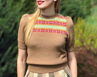 Fair Isle Jumper, Vintage Wool Sweater, 1940s Jumper, Short Sleeve Women Sweater, Knit Cropped Sweater, Knitted Top, Vintage Reproduction