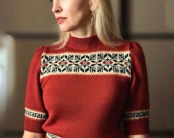 Fair Isle Jumper, Vintage Wool Sweater, 1940s Jumper, Short Sleeve Women Sweater, Knit Cropped Sweater, Knitted Vintage Reproduction