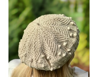 Summer Cotton Beret, Knit Slouchy Beret Tam, Beige Summer Beanie, Hat, Women French Beret, Cotton Beach Beret Hat, Bobble Aran Knit Beanie