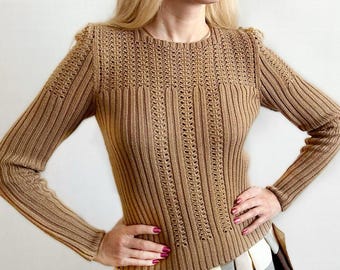 Beige Woman Sweater, Vintage Wool Knit Jumper, Knit 1940s Reproduction Jumper, Slim Fit Crop Jumper in Vintage Style, Vintage 1940s Knitwear