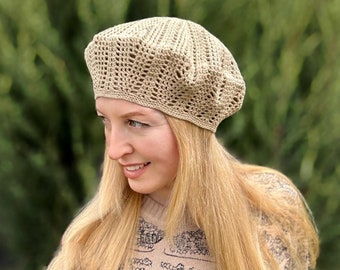 Béret d'été en coton, béret au crochet classique Français Tam, bonnet d'été, chapeau, béret français pour femme, béret en filet beige, cadeau de fête des mères