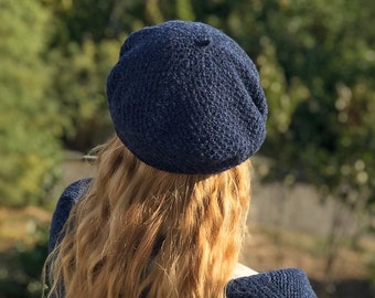 Cashmere Woman Beret Hat, French Classic Blue Beret, Autumn Winter Knit Beret Tam, Knit Cashmere Beanie