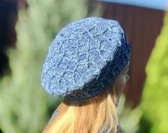 Cotton Beret Hat, Women French Berets, Blue Knit Beret Tam, Knit Autumn Fall Beanie