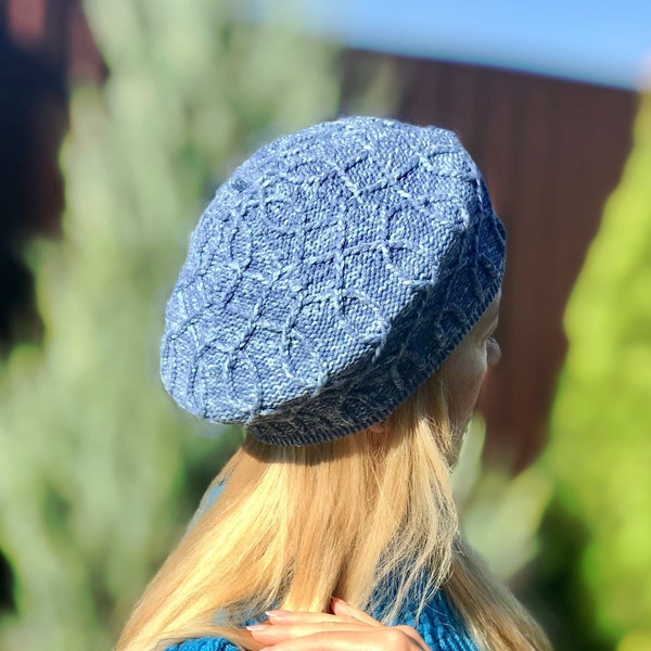 Cotton Beret Hat, Women French Berets, Blue Knit Beret Tam, Knit Autumn Fall Beanie