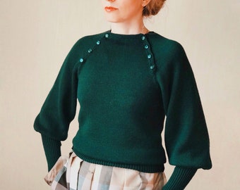 Vintage Reproduction Wool Knit Jumper, Knit 1930s Woman Jumper, Knit Jumper with Puffy Mutton Sleeves,  Green Wool Sweater