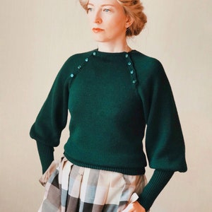 Vintage Reproduction Wool Knit Jumper, Knit 1930s Woman Jumper, Knit Jumper with Puffy Mutton Sleeves,  Green Wool Sweater