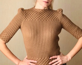 Vintage Wool Sweater, 1940 Sweater, Short Sleeve Women Sweater, Knit Cropped Sweater, Knitted Top, 1940s Ribbed Fitting Jumper
