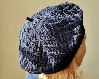 Knit Cotton Ladies Beret, Chunky Lace Knit Beret, Blue White French Beret, Fall Beret, Knit Beanie, Tam