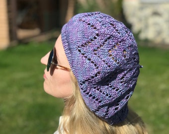 Slouchy Beret Women, Summer Cotton Purple Beret Hat, Slouch Beanie Hat, French Berets, Knit Lace Beret, Beach Knit Tam