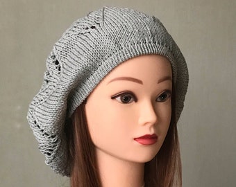 Grey Slouchy Beret for women: Summer Cotton Beanie Hat for Curly Hair