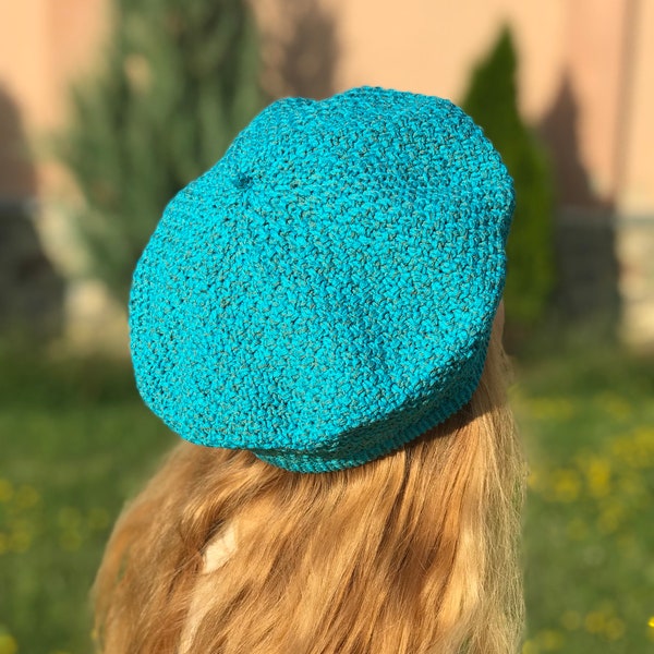 Knit Cotton Ladies Beret, Chunky Knit Beret, Green White French Beret, Fall beret, Cotton Beret, Tam, Knit Beanie