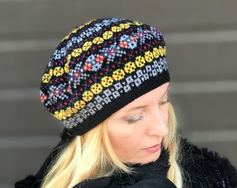 Cashmere Fair Isle Women Beret, Wool Beret, Knit Ladies French Beret, Black Beret Hat Tam, Nordic Scandinavian Beret Beanie, Christmas Gift