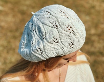 Knit Cotton Slouchy Beret: Summer White Beanie Hat in French style