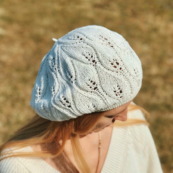 Summer Cotton Beret, Knit Slouchy Beret Tam, White Summer Beanie, Hat, Women French Beret, Black Cotton Beret