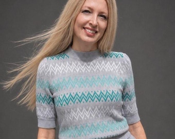 1940s Fair Isle Sweater, Wool Vintage Inspired Jumper, Puff Sleeve Knit Woman Jumper, 40s Vintage Reproduction Knit Top, Retro Short Sleeved