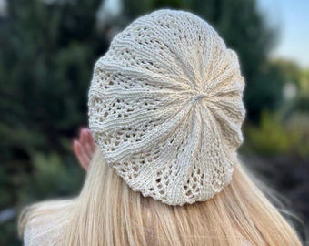 Off white Slouchy Cotton Ladies Beret, White Lace Knit Beanie Tam, Woman Summer Beret Hat