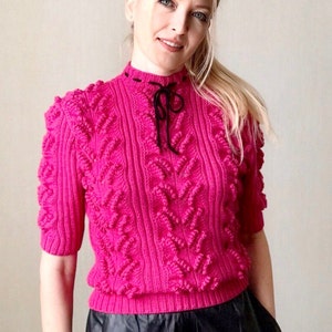 1950s Vintage Wool Sweater, Vintage Knit Reproduction, 1950s Knit Jumper, Short Sleeve Women Sweater, Bubble Knit Jumper, Pink Barbiecore