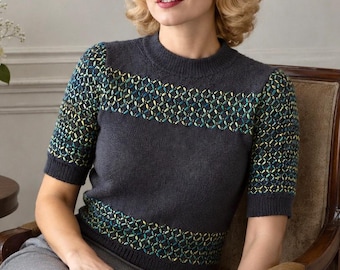 Women’s Short Sleeve Geometric Pullover, Vintage Wool Sweater, 1940s Knit Jumper, Knit Cropped Sweater, 40s Style Top